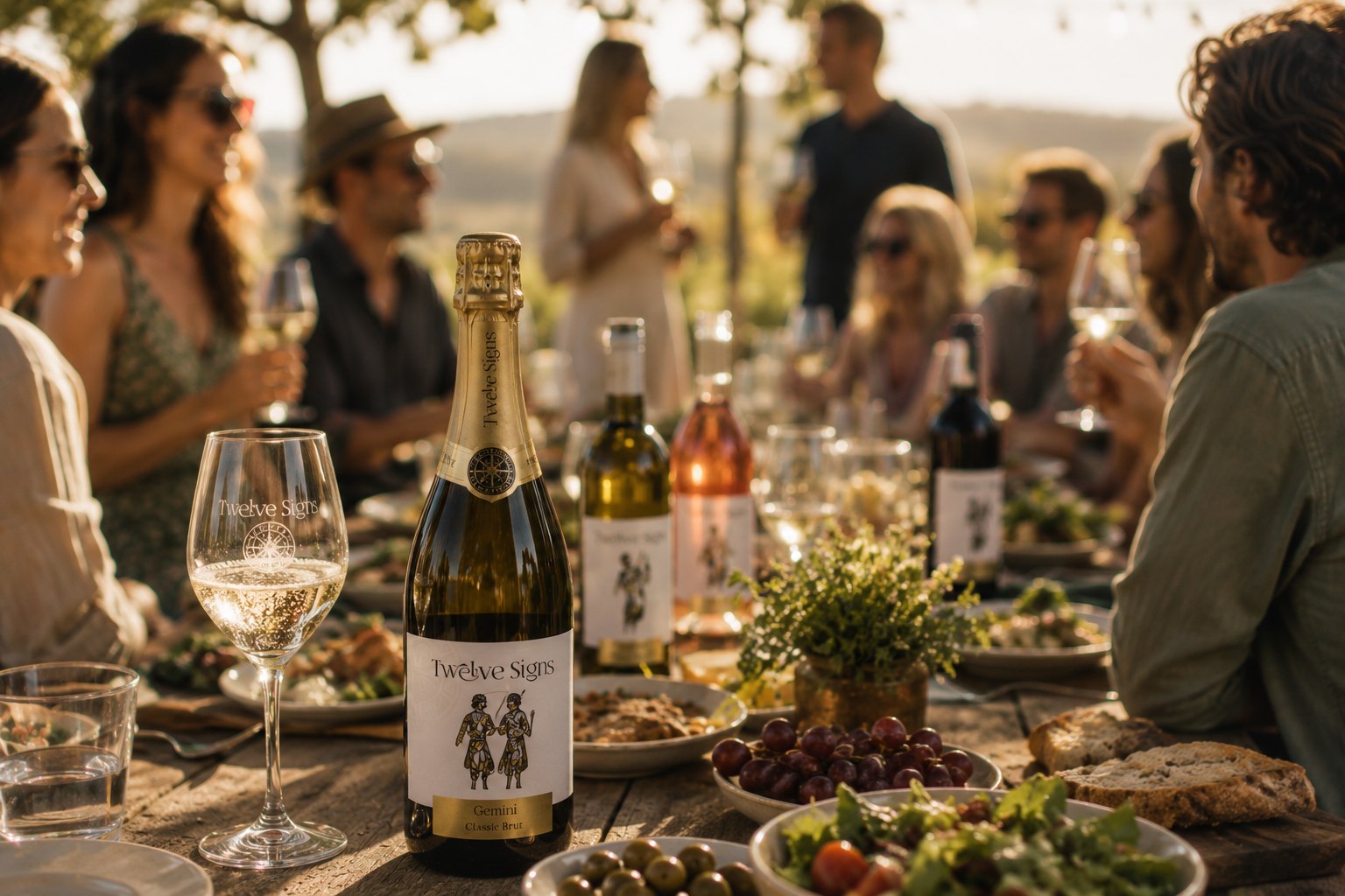 Friends sharing Twelve Signs wine at a long table in the vineyard