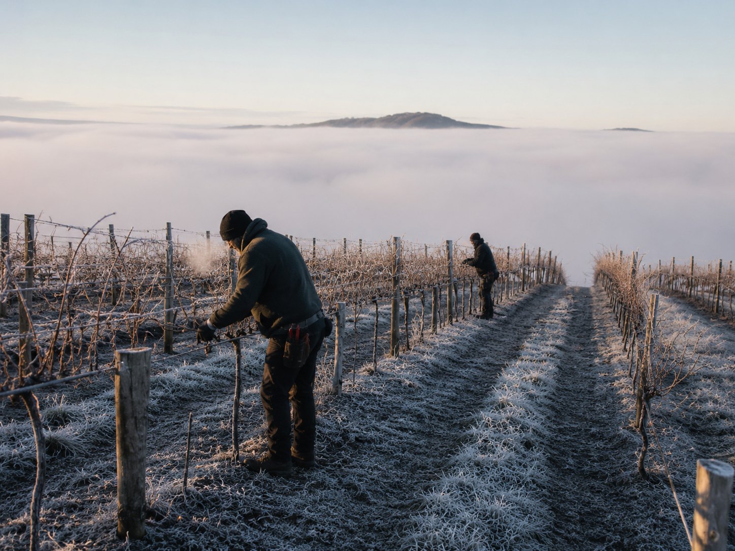 Frost-covered vines above the mist line, Tumbarumba